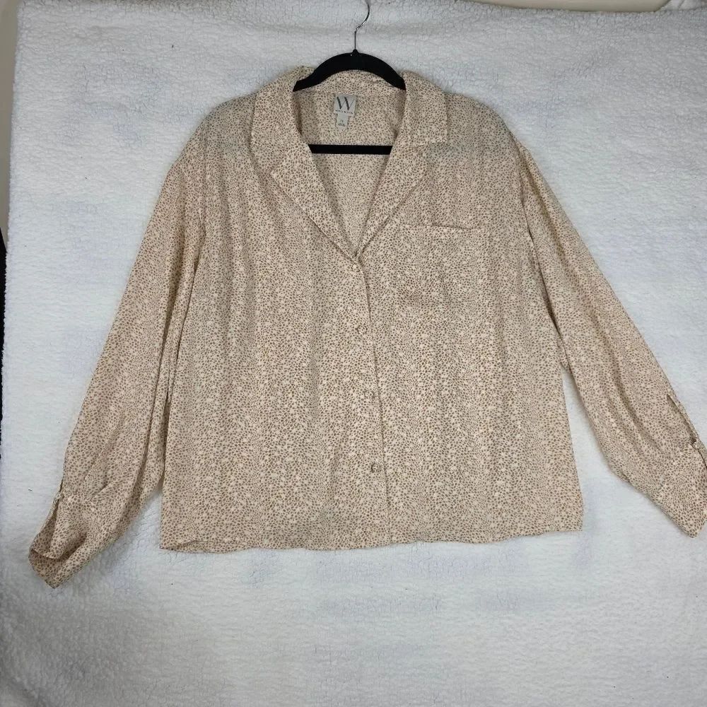 Worthington Spotted Button-Down Blouse Women’s 1X Neutral Tan Print